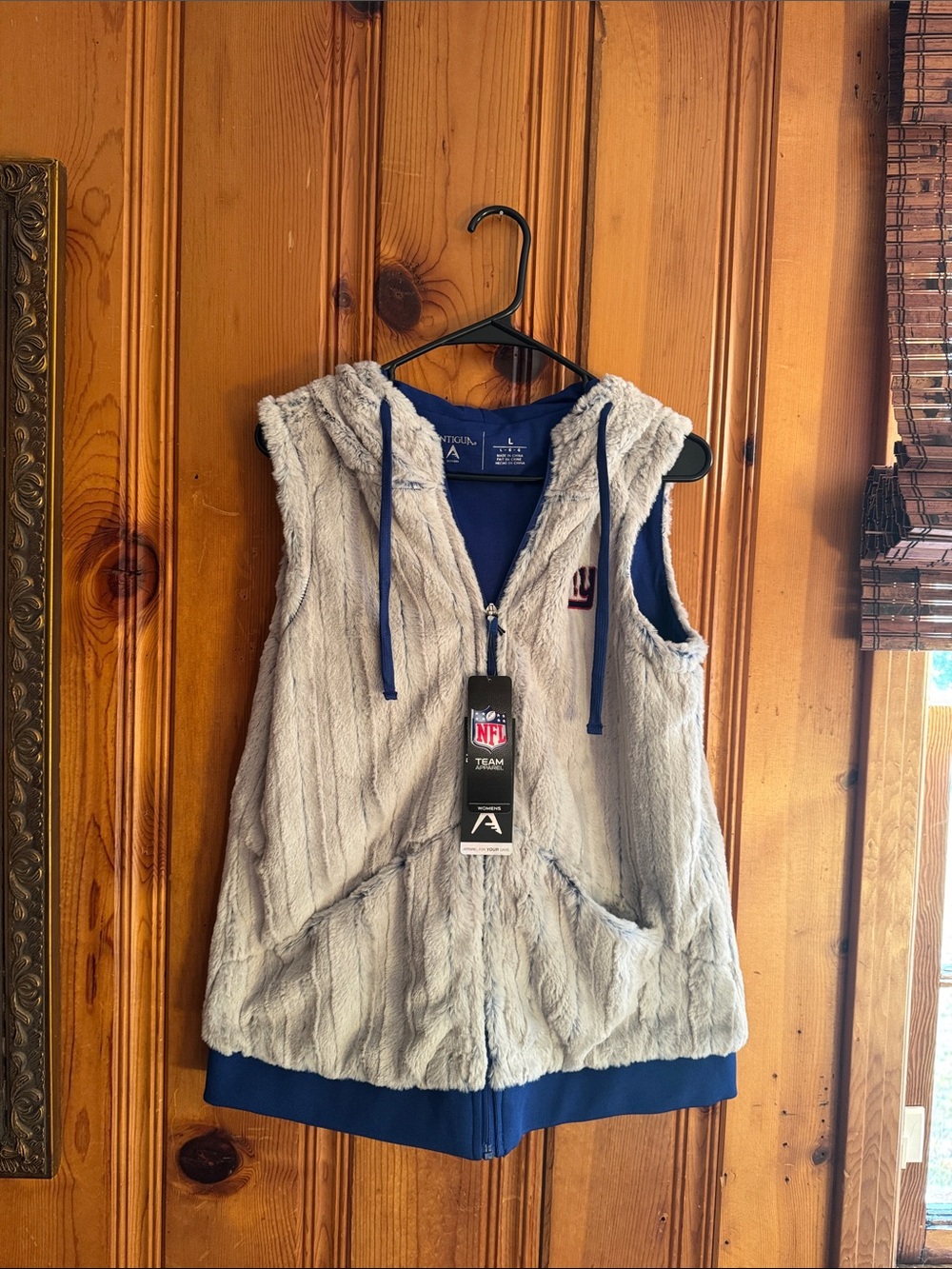 NFL Faux Fur Hooded Vest in Light Gray with Blue Trim